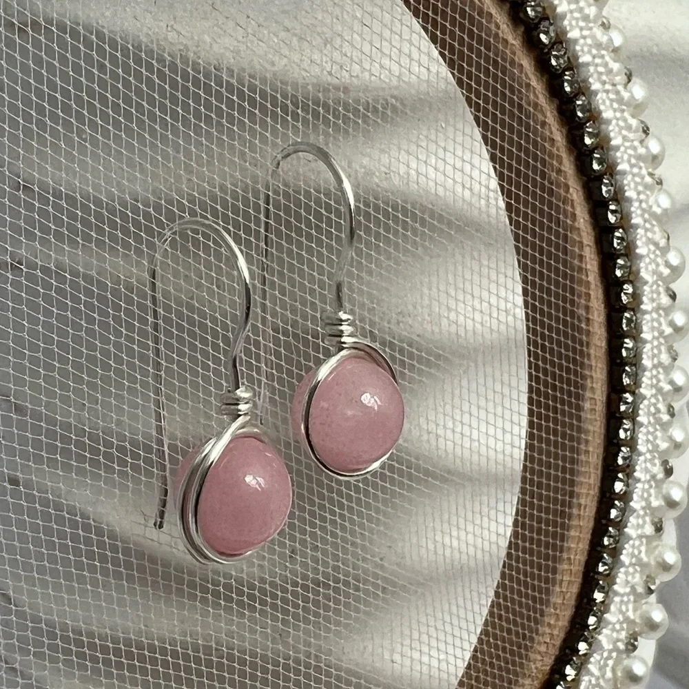 Rose Quartz Wire Wrapped Minimalist Earrings in Pink & Silver - Picture 2 of 13